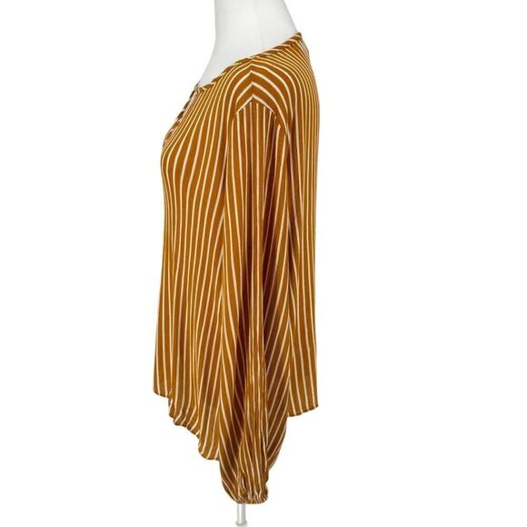 🌟 EVERLY Mustard Yellow & White Striped Long Sleeve Blouse Boho Chic V-Neck Top - Picture 4 of 10